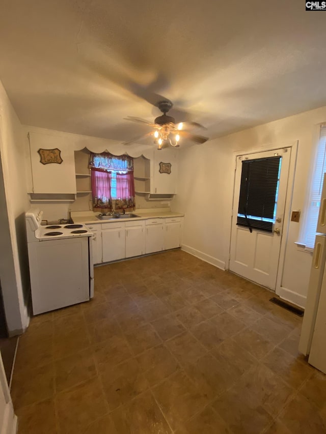 170 Brookland Cir, Columbia, SC 29204 - kitchen featuring white appliances, a sink, a ceiling fan, open shelves, and white cabinets