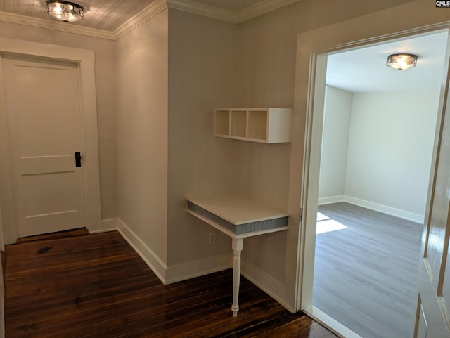 mudroom featuring dark wood finished floors, crown molding, and baseboards