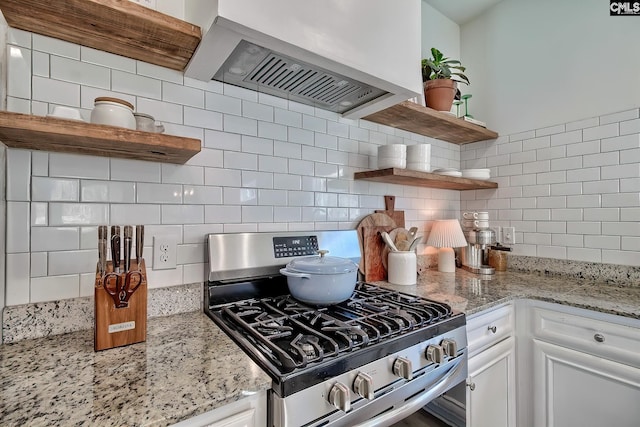 165 Wahoo Cir, Irmo, SC 29063 - kitchen featuring stainless steel gas range, open shelves, ventilation hood, and tasteful backsplash