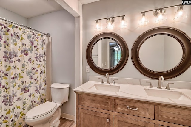 bathroom with toilet, double vanity, wood finished floors, and a shower with shower curtain