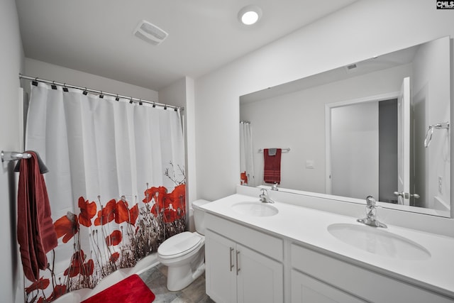 2109 Elmridge Rd, Columbia, SC 29209 - bathroom with toilet, double vanity, and a shower with shower curtain