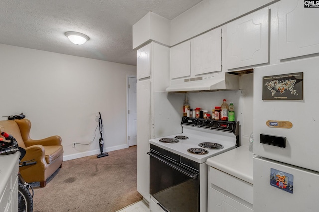 1313 Old Manor Rd, Columbia, SC 29210 - kitchen with freestanding refrigerator, electric stove, under cabinet range hood, light carpet, and white cabinetry
