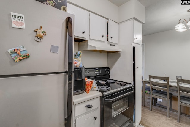 1302 Old Manor Rd, Columbia, SC 29210 - kitchen featuring freestanding refrigerator, black electric range oven, under cabinet range hood, white cabinets, and light colored carpet
