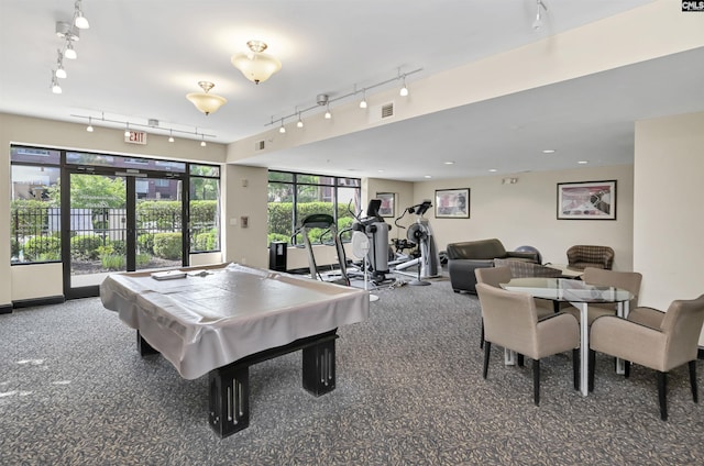 1320 Pulaski St Unit B207, Columbia, SC 29201 - rec room featuring rail lighting, carpet flooring, and billiards