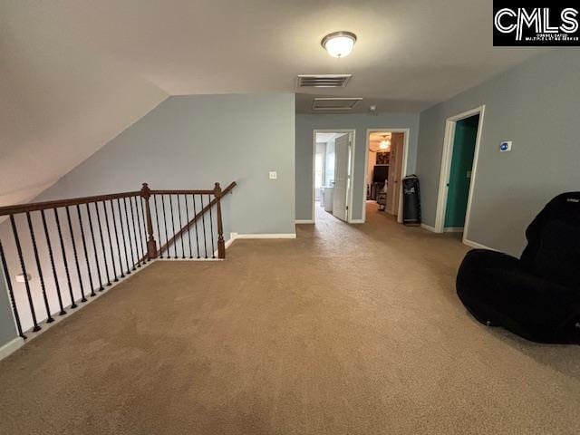404 Coopers Edge Ln, Blythewood, SC 29016 - hall with an upstairs landing, carpet flooring, baseboards, and vaulted ceiling