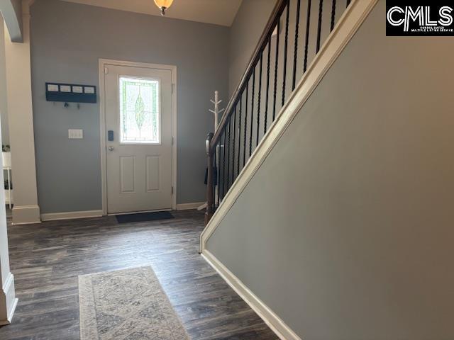 404 Coopers Edge Ln, Blythewood, SC 29016 - entrance foyer with baseboards, dark wood finished floors, and stairway