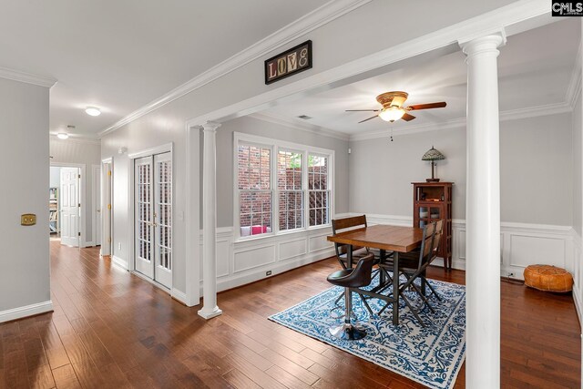 412 White Birch Cir, Columbia, SC 29223 - dining space featuring ornate columns, hardwood / wood-style flooring, crown molding, wainscoting, and a decorative wall