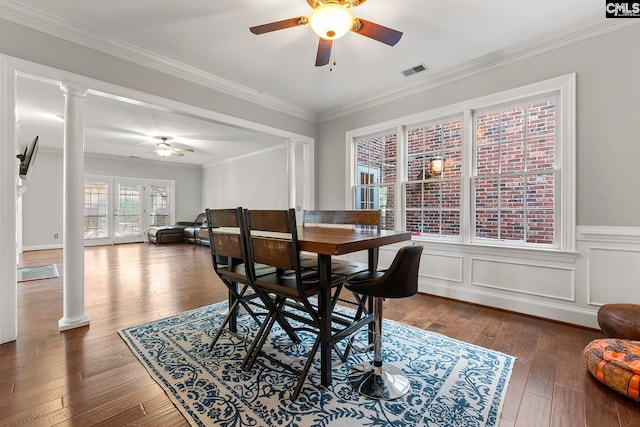 412 White Birch Cir, Columbia, SC 29223 - dining area with decorative columns, a ceiling fan, hardwood / wood-style flooring, and ornamental molding