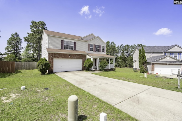 traditional home with concrete driveway, brick siding, an attached garage, and a porch