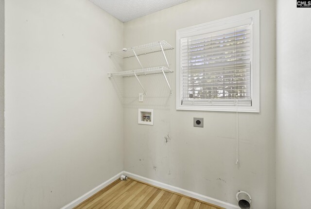 washroom with washer hookup, hookup for an electric dryer, light wood finished floors, and baseboards