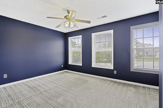 unfurnished room with carpet floors, plenty of natural light, a ceiling fan, and a textured ceiling