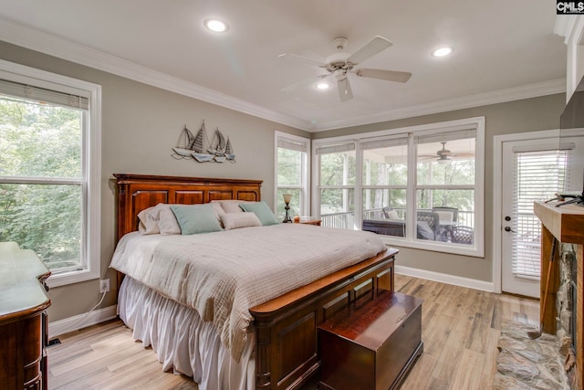 570 Wateree Key Ct, Winnsboro, SC 29180 - bedroom featuring baseboards, multiple windows, access to outside, recessed lighting, and light wood-type flooring