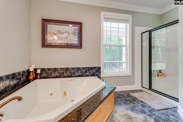 570 Wateree Key Ct, Winnsboro, SC 29180 - full bath with a stall shower, a tub with jets, and crown molding