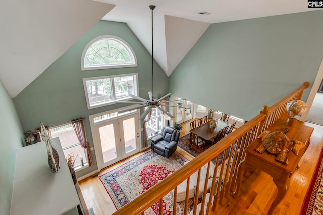 570 Wateree Key Ct, Winnsboro, SC 29180 - staircase featuring wood finished floors, high vaulted ceiling, and ceiling fan