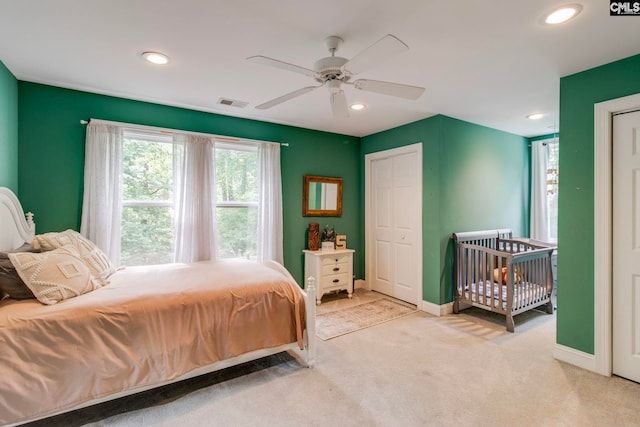 570 Wateree Key Ct, Winnsboro, SC 29180 - bedroom featuring recessed lighting, light carpet, baseboards, and a ceiling fan