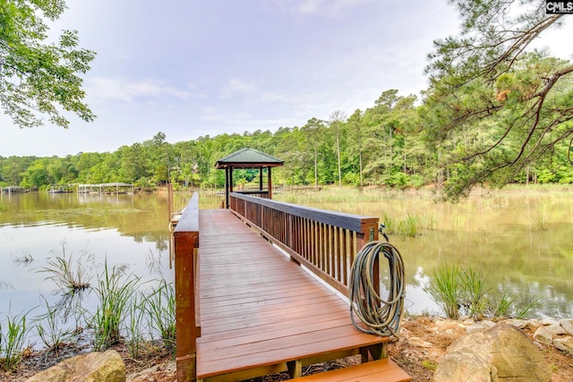 570 Wateree Key Ct, Winnsboro, SC 29180 - dock area with a gazebo, a view of trees, and a water view