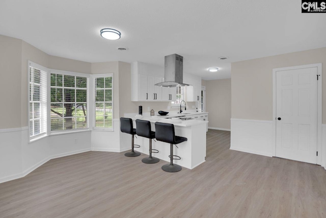 3102 Travis Ct, Columbia, SC 29204 - kitchen featuring island range hood, a sink, a breakfast bar area, light countertops, and light wood-style floors