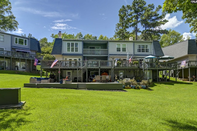 301 Harbor Heights Dr Unit 5D, Lexington, SC 29072 - back of property featuring a chimney, an outdoor hangout area, a deck, and a lawn