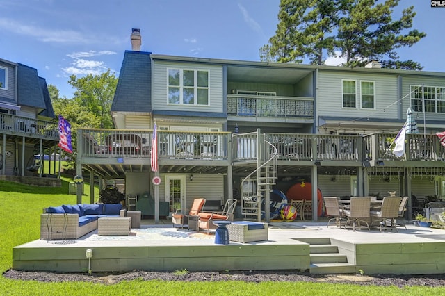301 Harbor Heights Dr Unit 5D, Lexington, SC 29072 - back of property featuring outdoor lounge area, a wooden deck, stairs, and a chimney