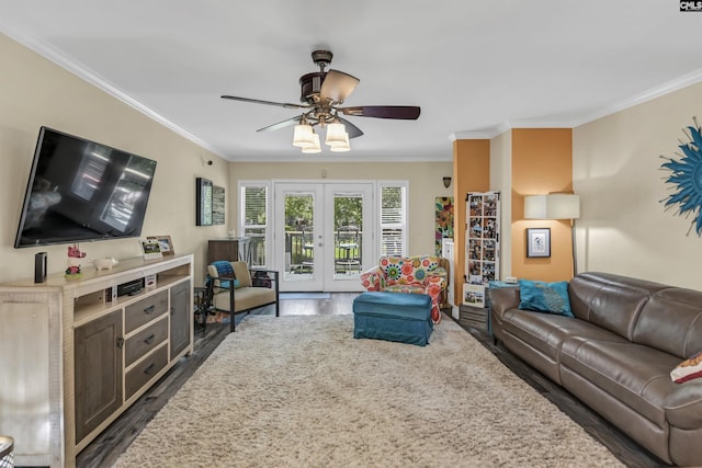 301 Harbor Heights Dr Unit 5D, Lexington, SC 29072 - living room featuring french doors, crown molding, dark wood-type flooring, and a ceiling fan
