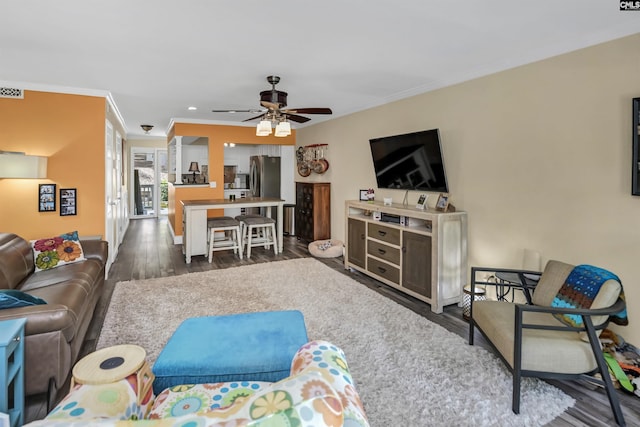 301 Harbor Heights Dr Unit 5D, Lexington, SC 29072 - living room with crown molding, dark wood finished floors, ceiling fan, and recessed lighting