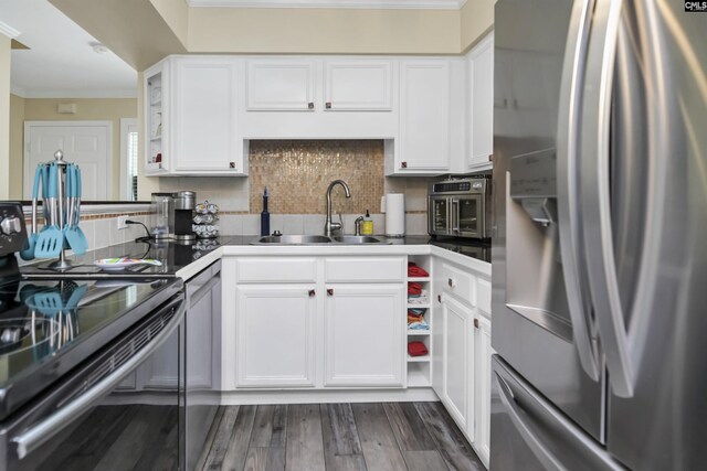 301 Harbor Heights Dr Unit 5D, Lexington, SC 29072 - kitchen featuring stainless steel fridge with ice dispenser, electric range, a sink, ornamental molding, and white cabinets