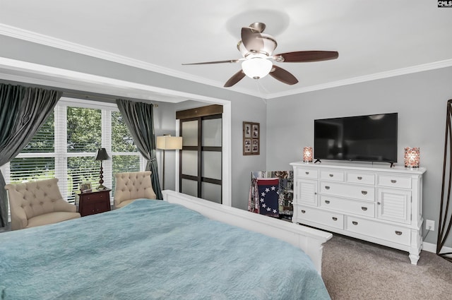 301 Harbor Heights Dr Unit 5D, Lexington, SC 29072 - bedroom with ornamental molding, carpet, baseboards, and a ceiling fan