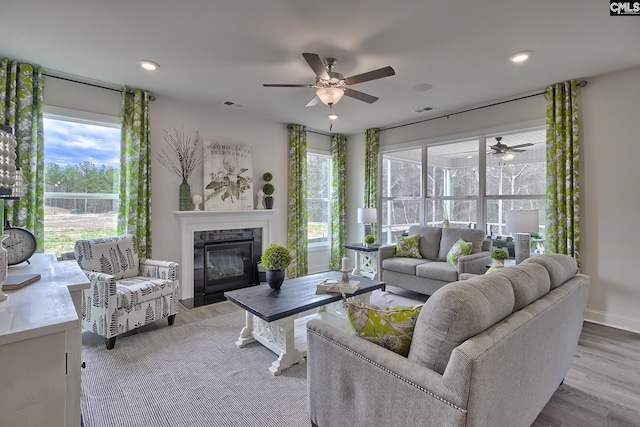 550 Edenwood Dr, Sumter, SC 29150 - living room featuring ceiling fan, a glass covered fireplace, wood finished floors, healthy amount of natural light, and recessed lighting