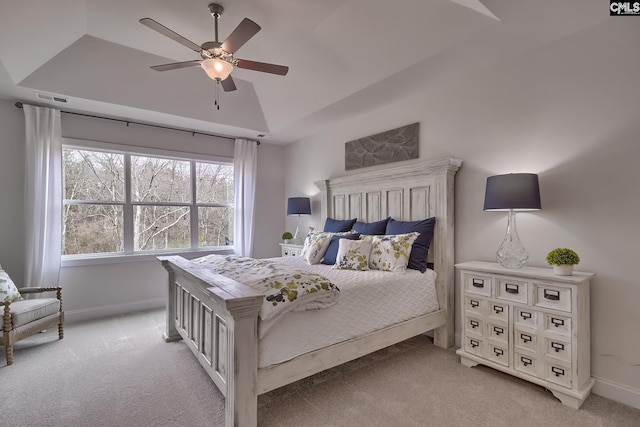 550 Edenwood Dr, Sumter, SC 29150 - bedroom featuring light carpet, baseboards, vaulted ceiling, and ceiling fan