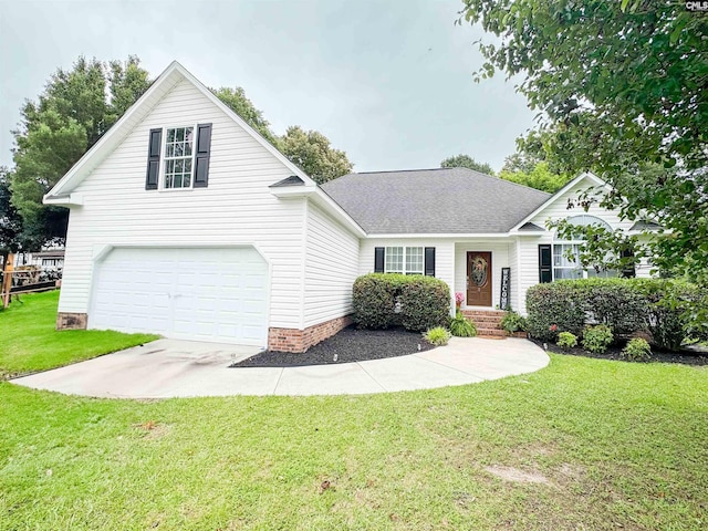 traditional-style home featuring a garage, a front lawn, a shingled roof, and driveway