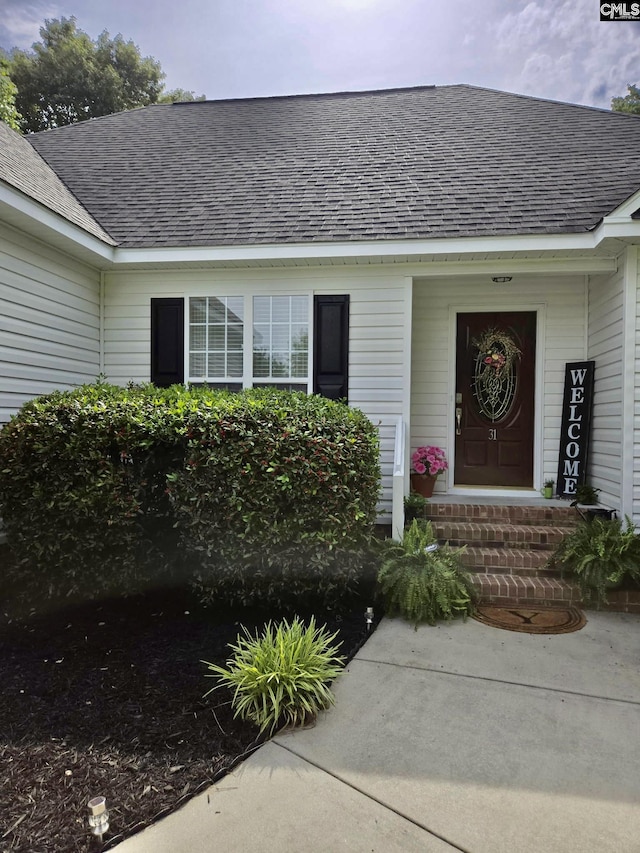 entrance to property with roof with shingles