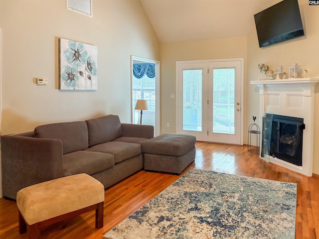living area featuring wood finished floors, a glass covered fireplace, and high vaulted ceiling