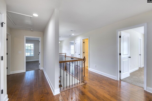 680 Curlew Cir, Sumter, SC 29150 - corridor featuring attic access, an upstairs landing, hardwood / wood-style floors, baseboards, and recessed lighting