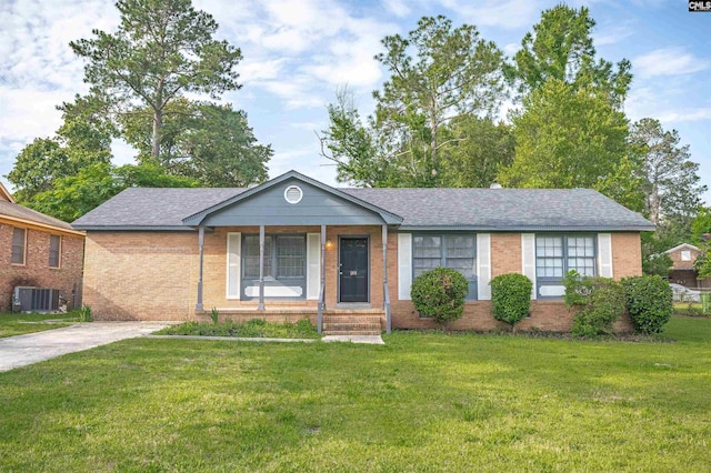 201 Kildare Dr, Columbia, SC 29209 - ranch-style home with a front yard, covered porch, brick siding, and cooling unit
