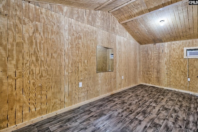 1240 Windmill Rd, Leesville, SC 29070 - unfurnished room featuring dark wood finished floors, vaulted ceiling, wood walls, wood ceiling, and a wall mounted air conditioner