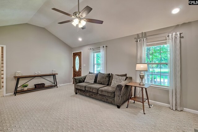 1240 Windmill Rd, Leesville, SC 29070 - living area with vaulted ceiling, baseboards, ceiling fan, carpet floors, and recessed lighting