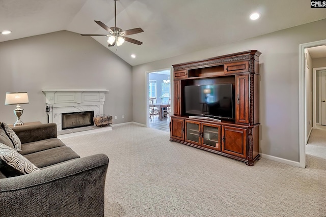 1240 Windmill Rd, Leesville, SC 29070 - living room featuring light carpet, ceiling fan, lofted ceiling, recessed lighting, and baseboards