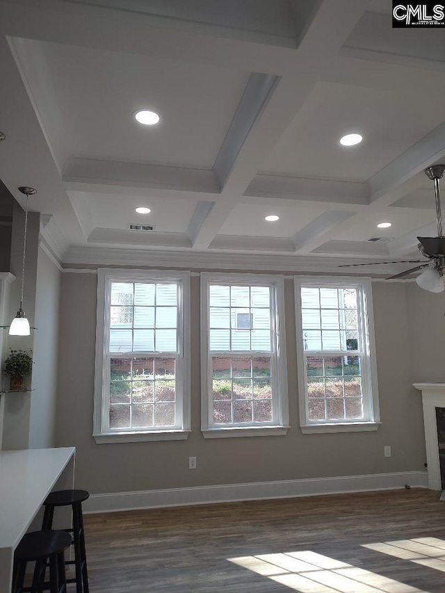 10 Saints Creek Pl, Irmo, SC 29063 - unfurnished dining area with coffered ceiling, wood finished floors, ceiling fan, recessed lighting, and baseboards