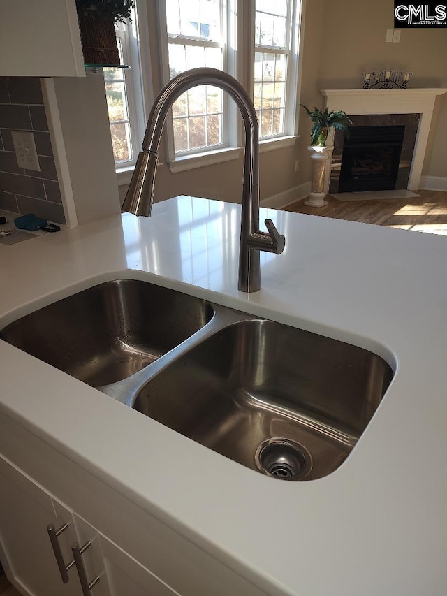 10 Saints Creek Pl, Irmo, SC 29063 - kitchen view of a sink, a fireplace with flush hearth, and light countertops