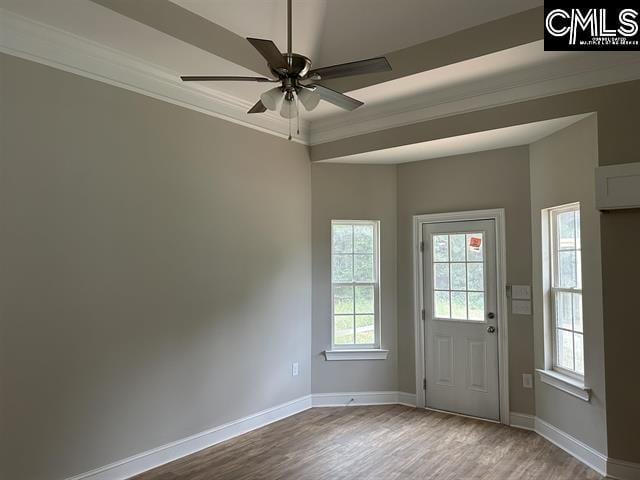 10 Saints Creek Pl, Irmo, SC 29063 - foyer entrance featuring wood finished floors, ornamental molding, ceiling fan, and baseboards