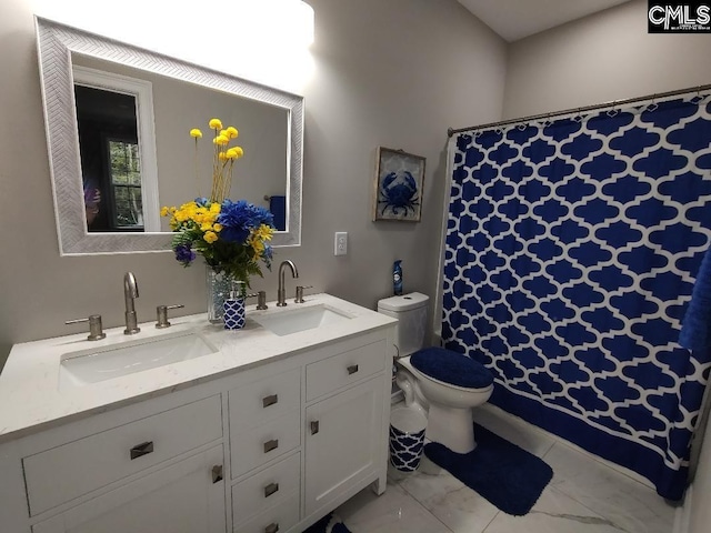 10 Saints Creek Pl, Irmo, SC 29063 - full bathroom featuring marble finish floors, double vanity, toilet, and a shower with curtain
