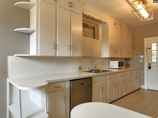 3925 Rosewood Dr, Columbia, SC 29205 - kitchen featuring dishwasher, white microwave, a sink, open shelves, and light countertops