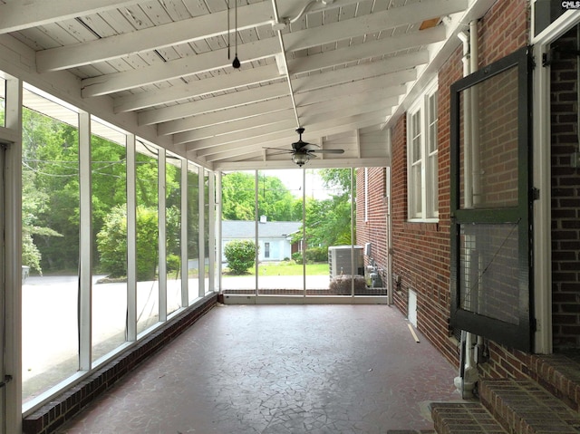 3925 Rosewood Dr, Columbia, SC 29205 - unfurnished sunroom with a ceiling fan and beamed ceiling
