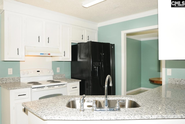 kitchen with black fridge with ice dispenser, under cabinet range hood, white electric range oven, a sink, and ornamental molding
