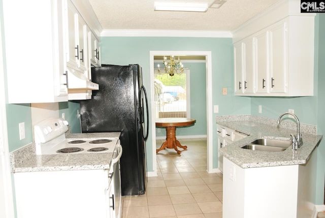 kitchen with white range with electric stovetop, a sink, under cabinet range hood, white cabinetry, and crown molding