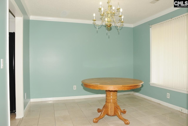 dining area featuring a chandelier, baseboards, crown molding, and light tile patterned floors