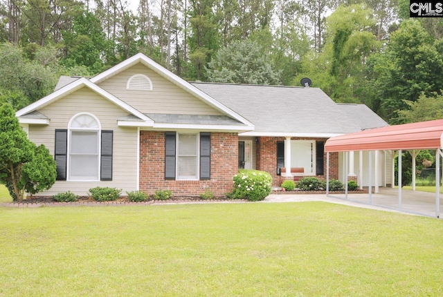 ranch-style house with a front lawn, brick siding, a shingled roof, and driveway