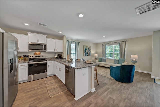 126A Willow Creek Blvd, Lugoff, SC 29078 - kitchen with appliances with stainless steel finishes, plenty of natural light, open floor plan, light wood-type flooring, and recessed lighting