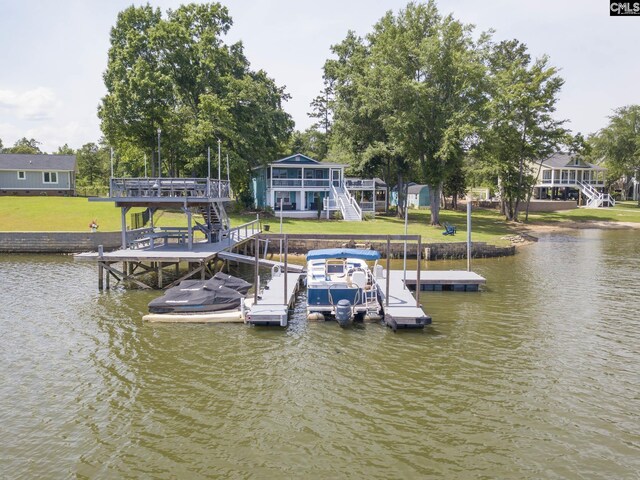1513 Molly Creek Cir, Ridgeway, SC 29130 - dock area with stairway, a yard, and a deck with water view