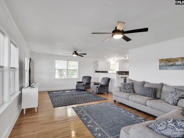 1513 Molly Creek Cir, Ridgeway, SC 29130 - living room with ceiling fan, ornamental molding, light wood-type flooring, and baseboards